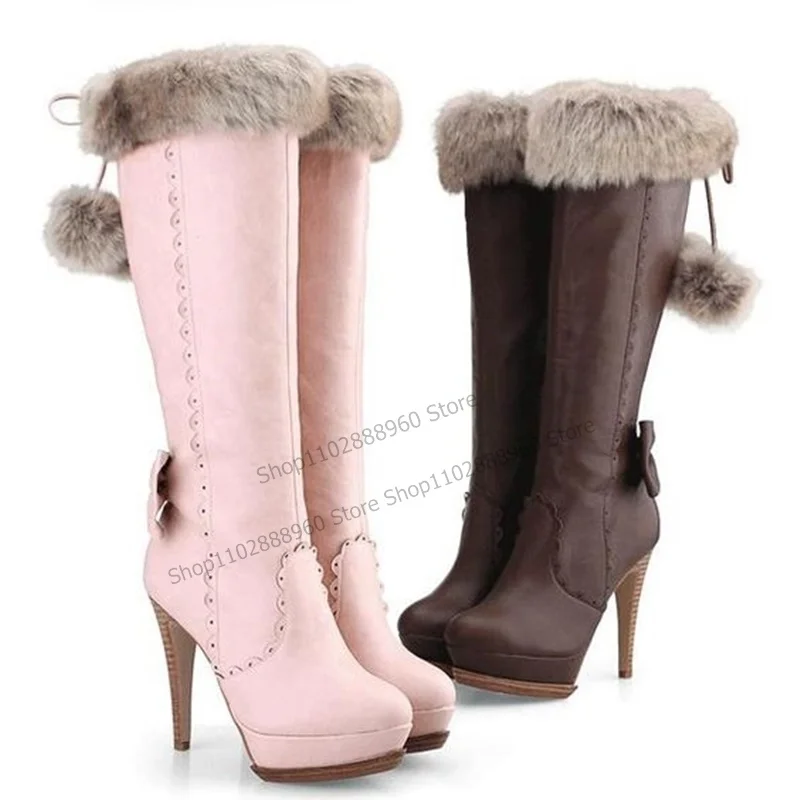 Knee High Brown Platform Fur Bow Knot Decor Boots Thin High Heel Women Shoes Slip-On Pointed Toe 2023 Zapatos Para Mujere