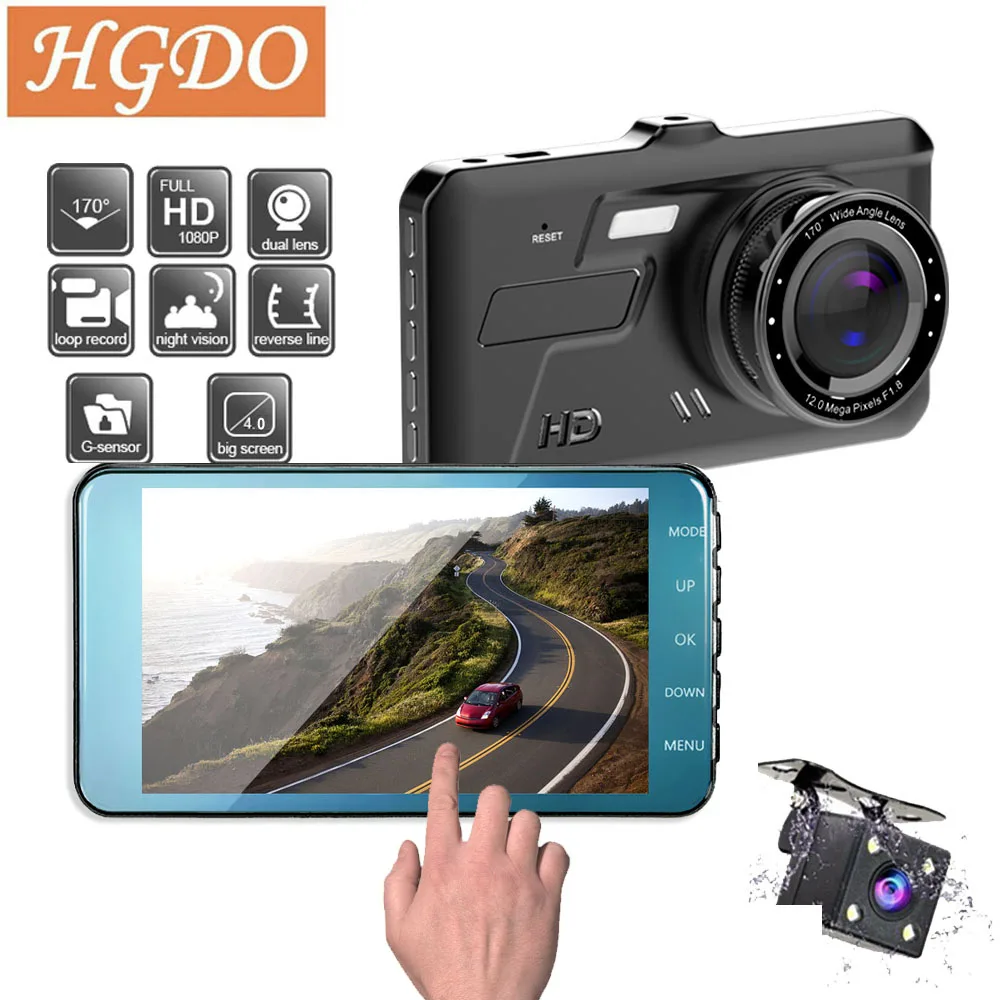 

HGDO Dash Cam New 4" IPS Dual Lens Car DVR Camera Full HD 1080P Front+Rear Mirror Night Vision Video Recorder Parking Monitor