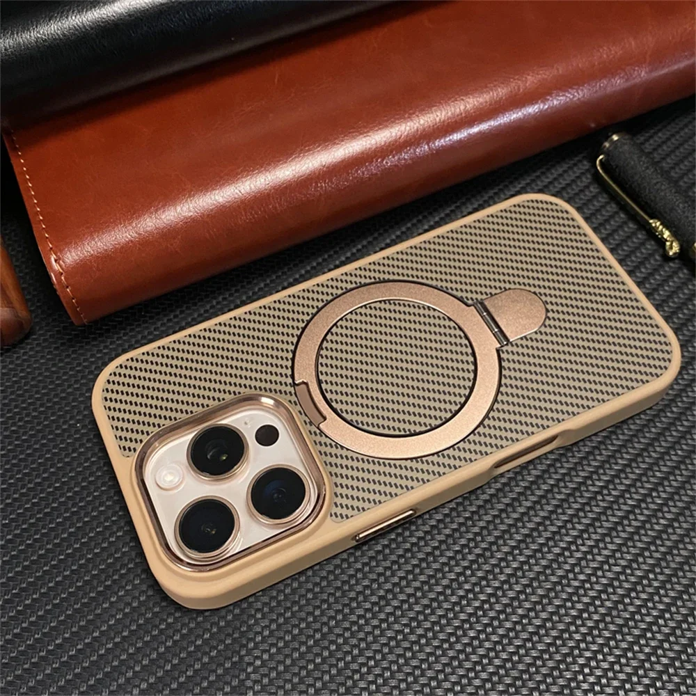 

Carbon Fibre Pattern Magnetic Stand Ring Phone Case for iPhone 16 15 Pro Max 14 13 For Magsafe Wireless Charge Shockproof Cover