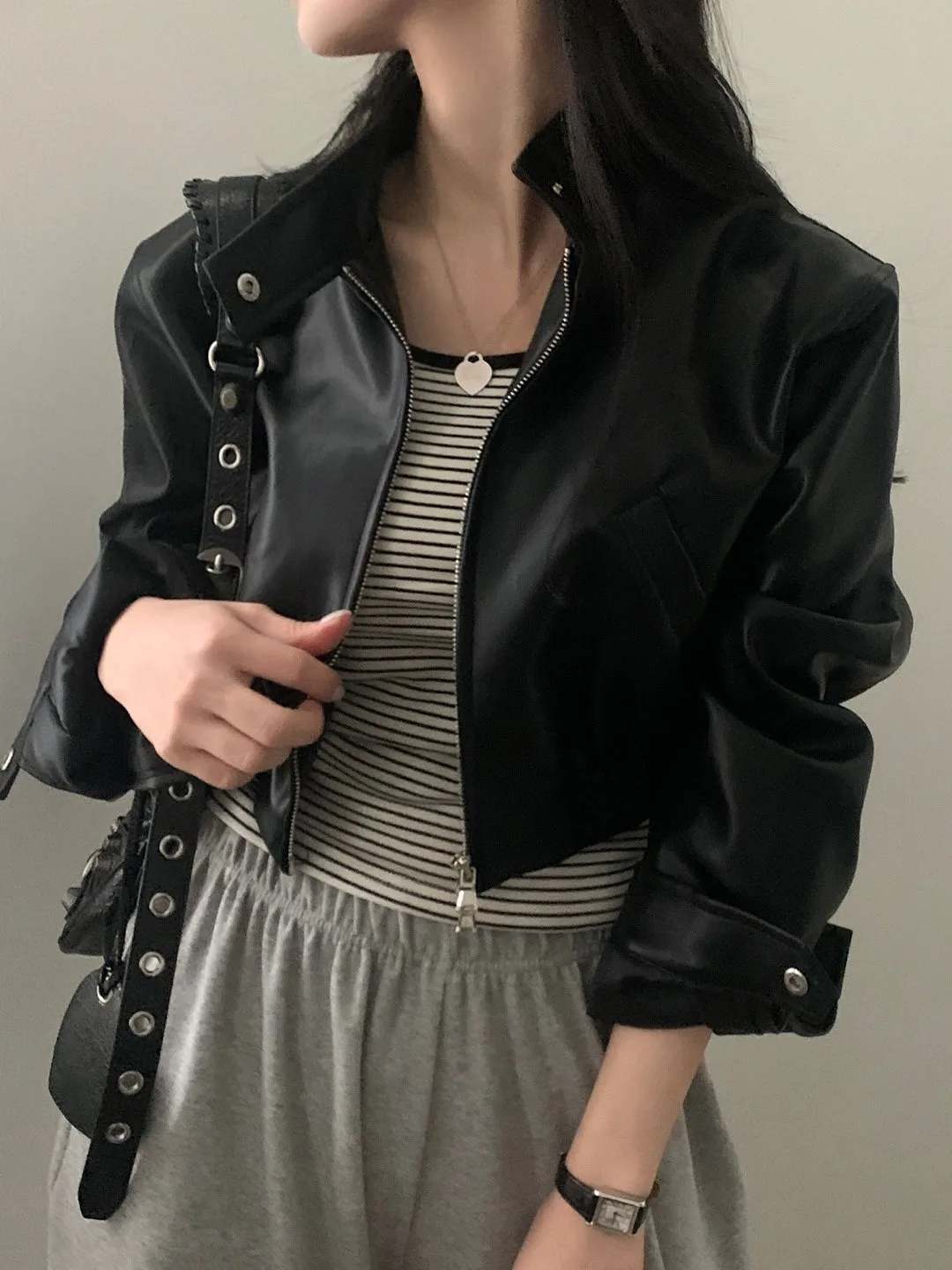 Chic ort sciolto lungo Sve colletto alla coreana in pelle PU Jaet abbigliamento da motociclista capispalla per donna autunno nuovo design Sle