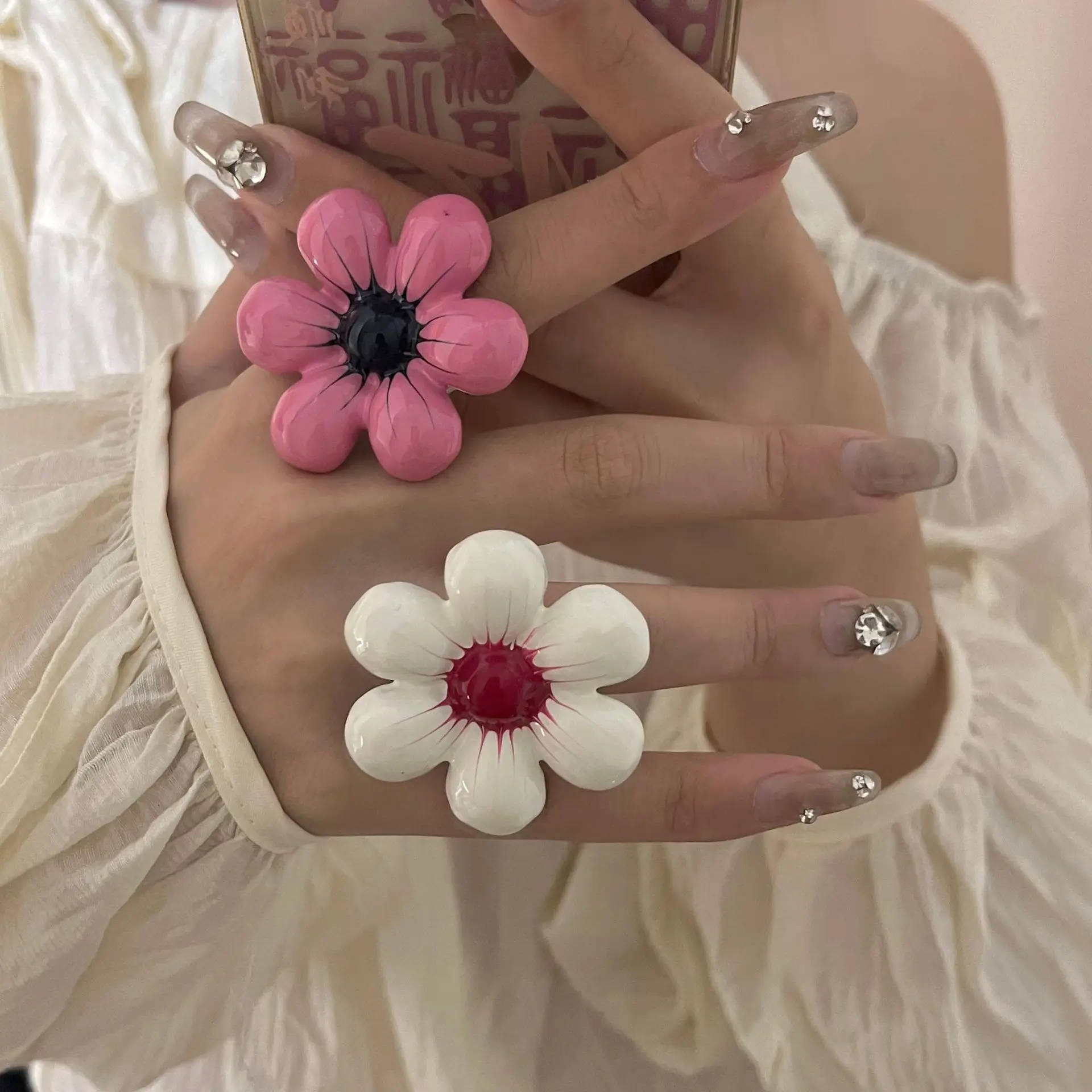Vintage Colorful Enamel Drop Glaze Flower Open Rings for Women Fashion Sweet Finger Romantic Jewelry Holiday Accessories Gifts
