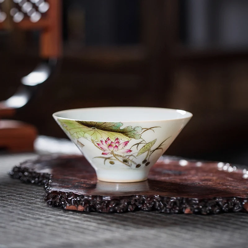 

Kiln and Guitu Jingdezhen Handmade and Hand-Painted Tea Set Kung Fu Tea Cup Bamboo Hat Inner Painting Master Cup Tea Small Cup