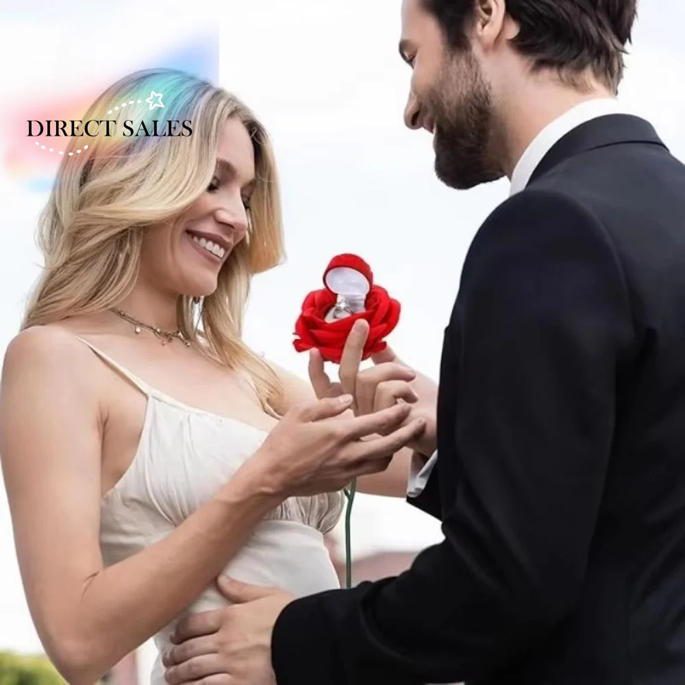 Creative Wedding Ring Holder Red Velvet Realistic Jewelry Display Box Long Root Rose 3D Red Rose Rose Flower Ring Box