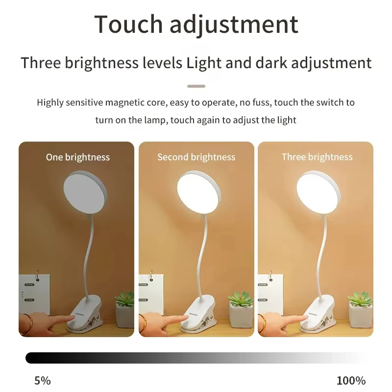 LED Portable Clip Table Lamp USB Rechargeable Clip Desk Lamp Bed Reading Night Light Touch 3 Dimming Modes Eye Protection Light