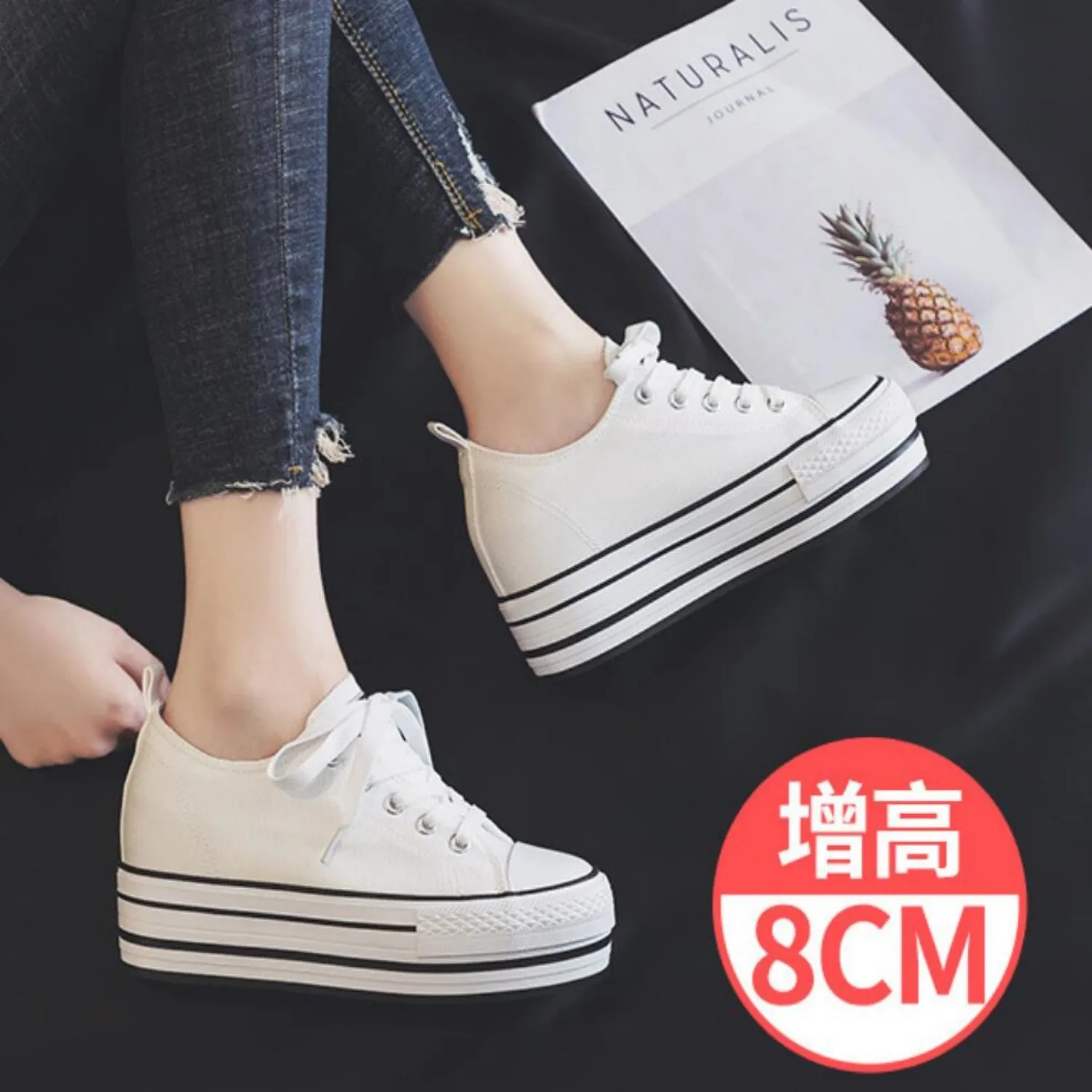 2024 Women Height Increasing 8CM Sneakers Breathable Skateboard Canvas Shoes Fashion Lace Up Platform Casual Trainers Sneaker