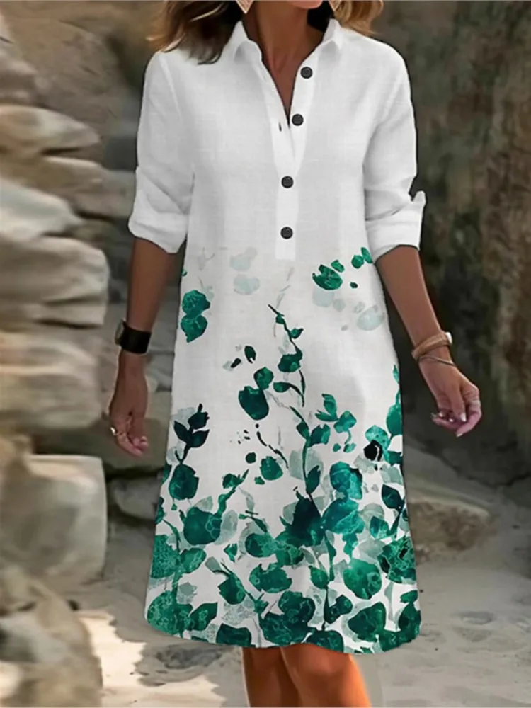 Abito camicia ampia con stampa casual per donna Moda scollo a V manica lunga pullover con bottoni Abiti da donna per le vacanze estive