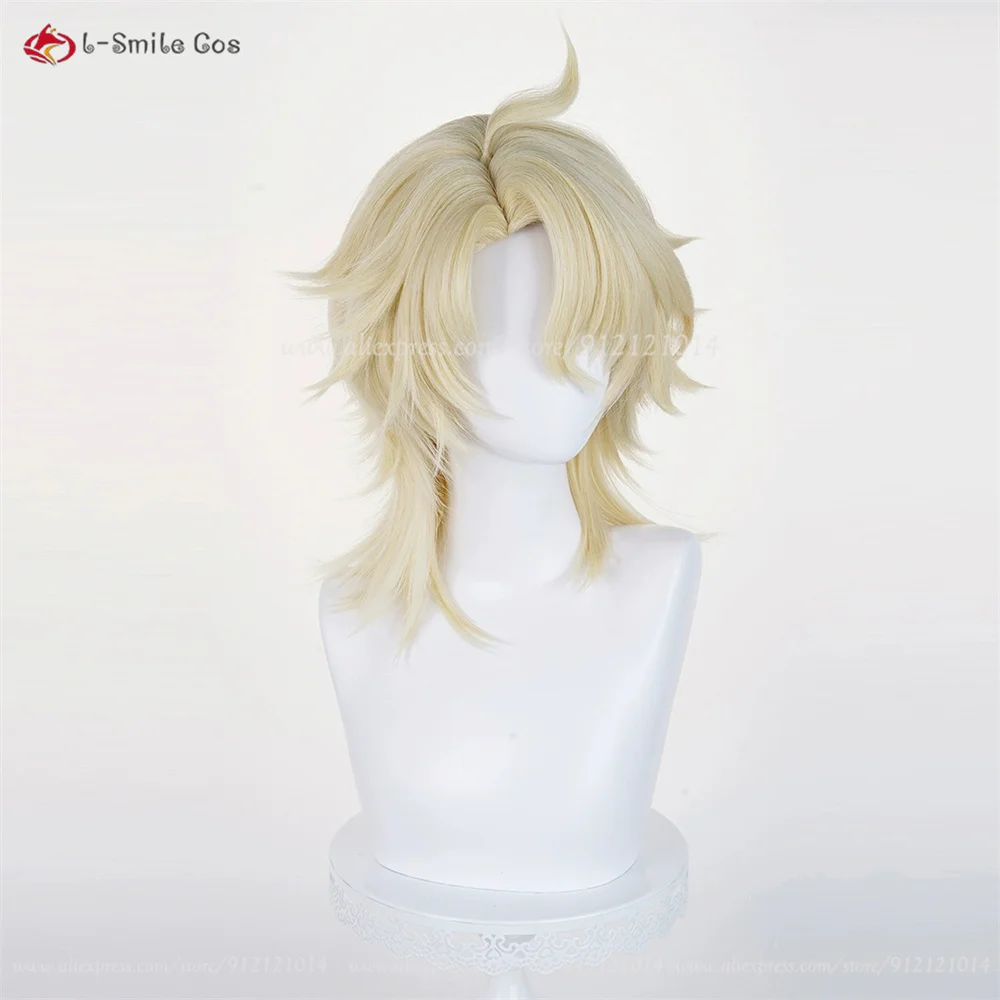 Varka Cosplay perruques 35 cm perruques dorées claires pour hommes Cosplay Anime perruque résistant à la chaleur cheveux synthétiques Halloween + bonnet de perruque