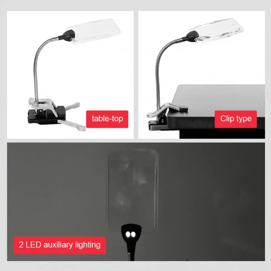 5X and 15X Magnifiers LED Lamp Table Clip Flexible Metal Hose Multi-purpose Magnifying Glass Reading not Including Battery