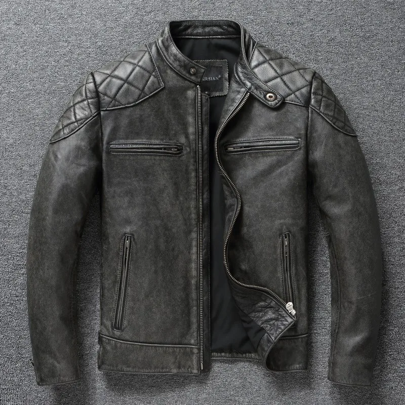 

Американская кожаная куртка, мужская мотоциклетная куртка в стиле ретро, потертая графитовая оливково-зеленая тонкая куртка с лацканами, новый стиль