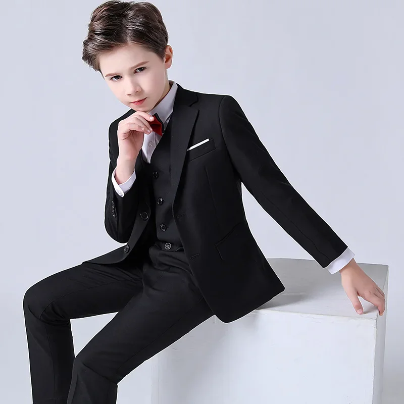 Fashion Boy Formal Suit Kids Quality Solid Tuxedo Wedding Set Teenager Child Blazer Bowtie Pants Shirt Party Performance Costume