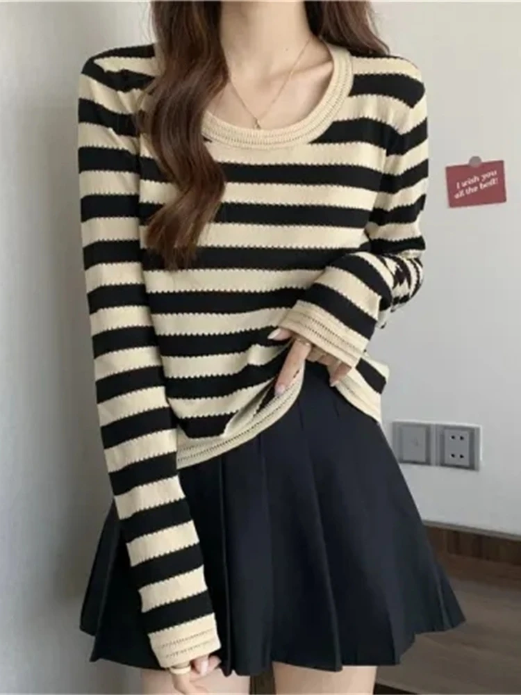

Retro Striped Hollow Knitted Base Shirt Skirt Two-Piece Set Women's Loose Long Sleeve Inner Wear Spring Autumn Fashion Set