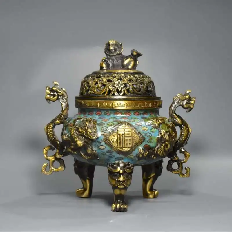 Antique-style purple patina auspicious dragon Tai Shi entrance gift copper incense burner ornament