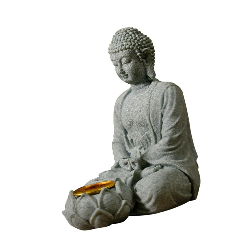Statuetta in meditazione Scultura in pietra con portacandele Tealight Statua da meditazione Giardino decorazione per