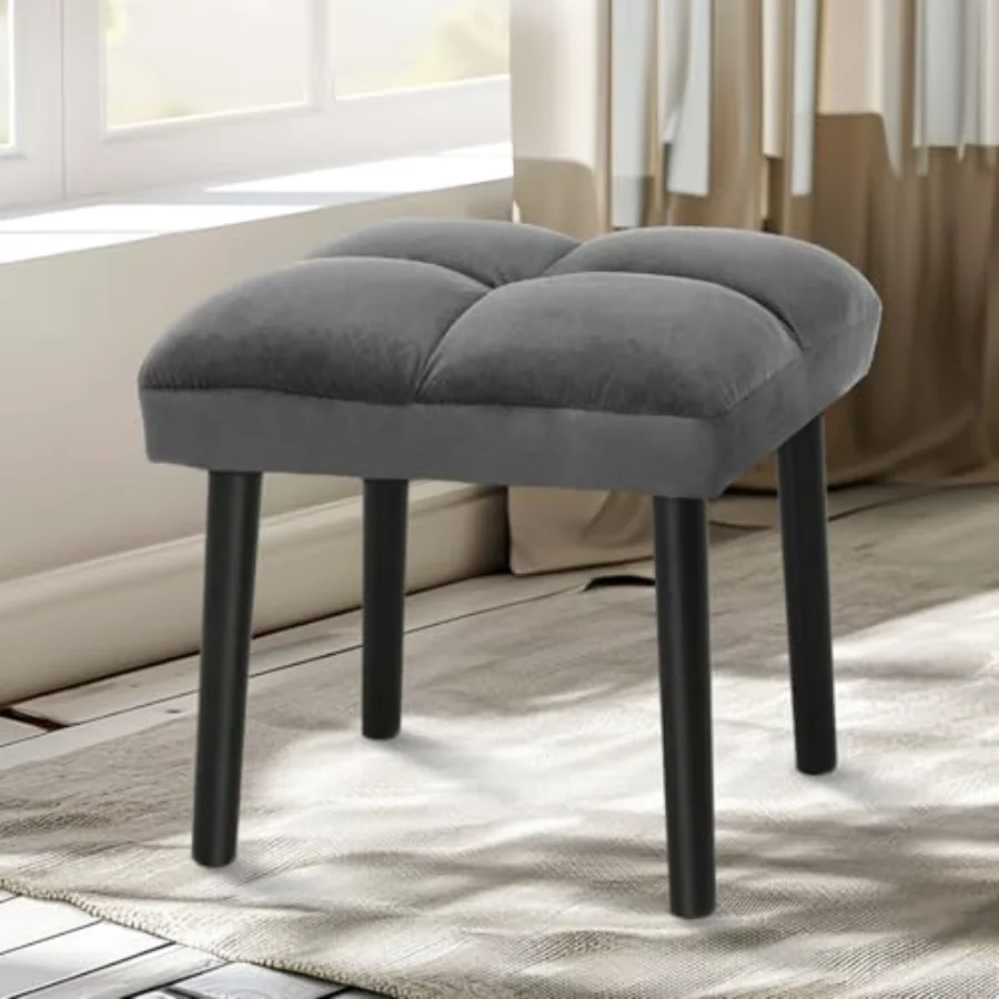 Gray Vanity Stool Square Makeup Stool with Wooden Legs Small Ottoman Chair for Vanity Modern Padded Sofa Seat Feet Rest Gray