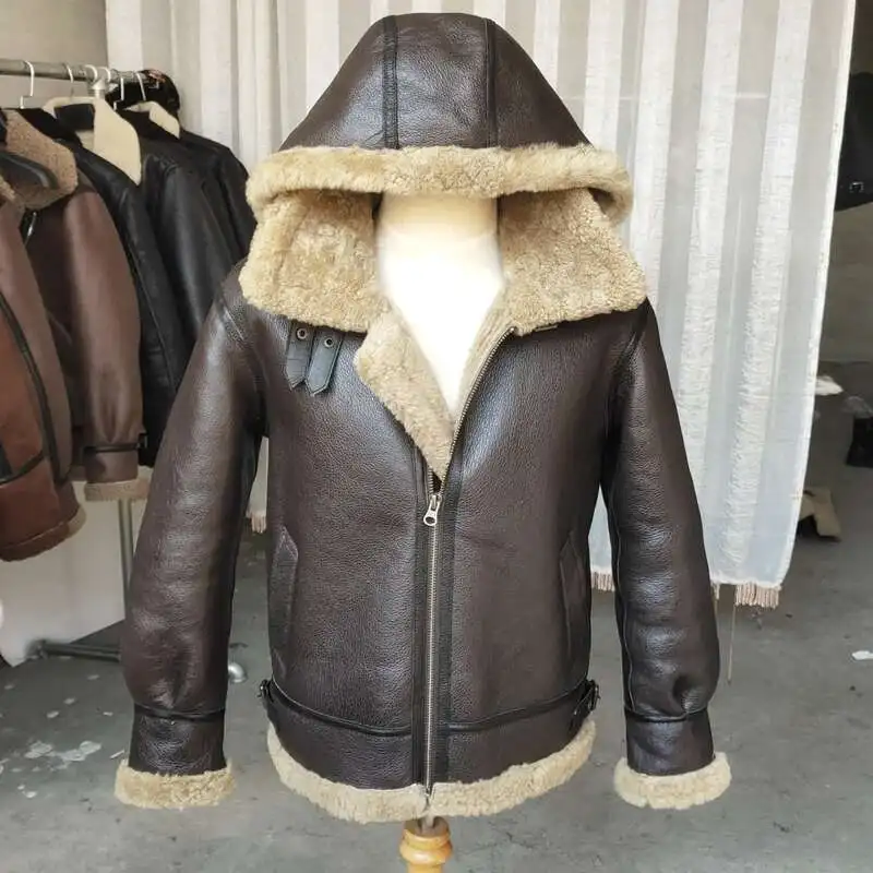 2023 Outerwear Air Force Pilot Man Coat Genuine Sheepskin Leather Natural Shearing Wool Jacket Hoodie for Male Brown XXXXXXXL