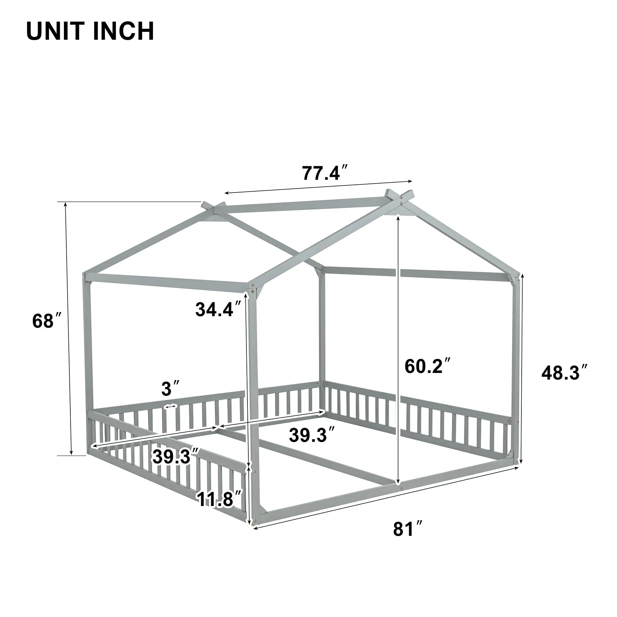 Double Twin House Floor Bed for 2 Kids with Guardrails, Grey