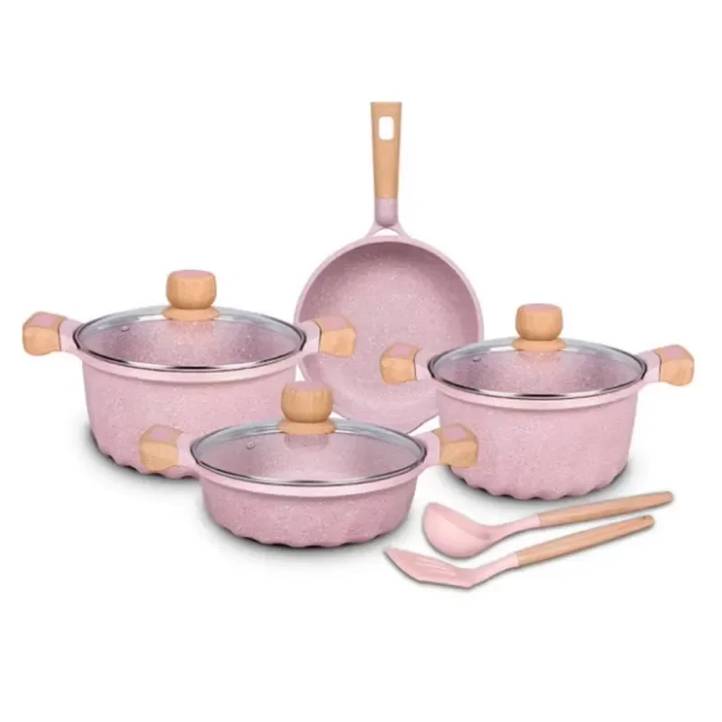 9-piece Modern Classic purple Eco-friendly Cooking Set with Non-stick Coating and Glass Lid, Marble Coating, Wholesale Price.