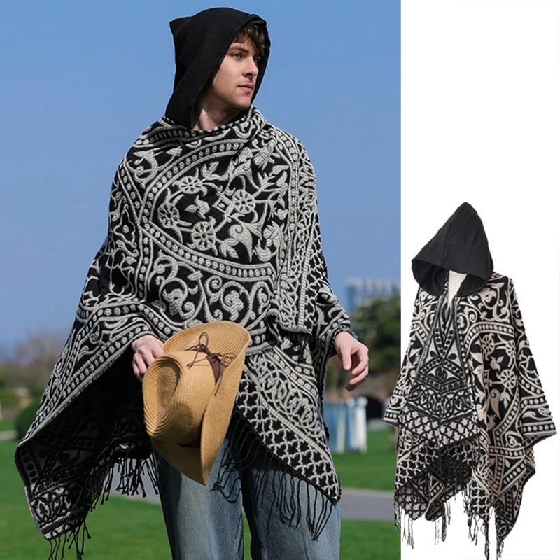 

Модная этническая жаккардовая акриловая кашемировая накидка с капюшоном, плащ, верхняя одежда, большое пончо унисекс, осенне-зимнее пальто, дорожная шаль для кемпинга