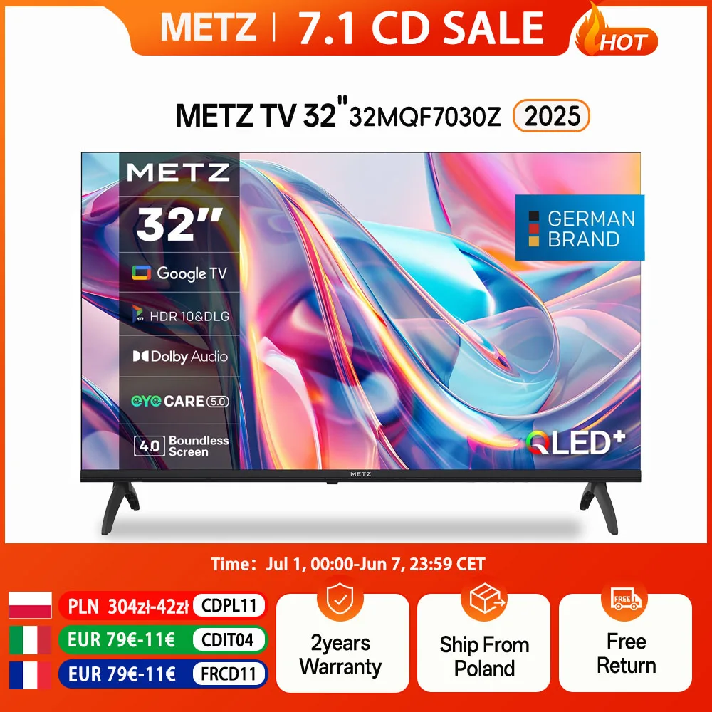 Telewizor Metz QLED 32" 40 cali Smart LED Google Tele HDR 10 Dolby Audio Bluetooth 5.1 EyeCare Tuner 2025 32MQF7030Z