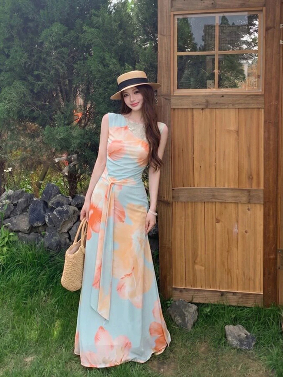 

Summer Vacation Sexy Beautiful Long Sleeveless Lace Trim Belted Slimming Dress Women's City Commute Suiting Polyest...