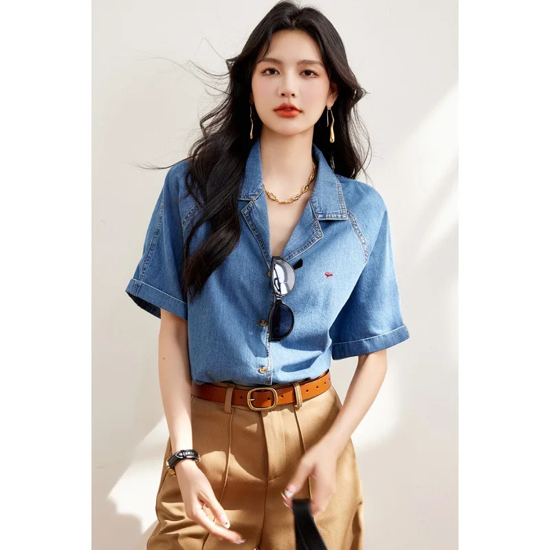 

Flowers Casual Denim Shirts for Women 2024 Fashion Vintage Short Sleeve Loose Shirt Korean Style Single-Breasted Commuting Tops