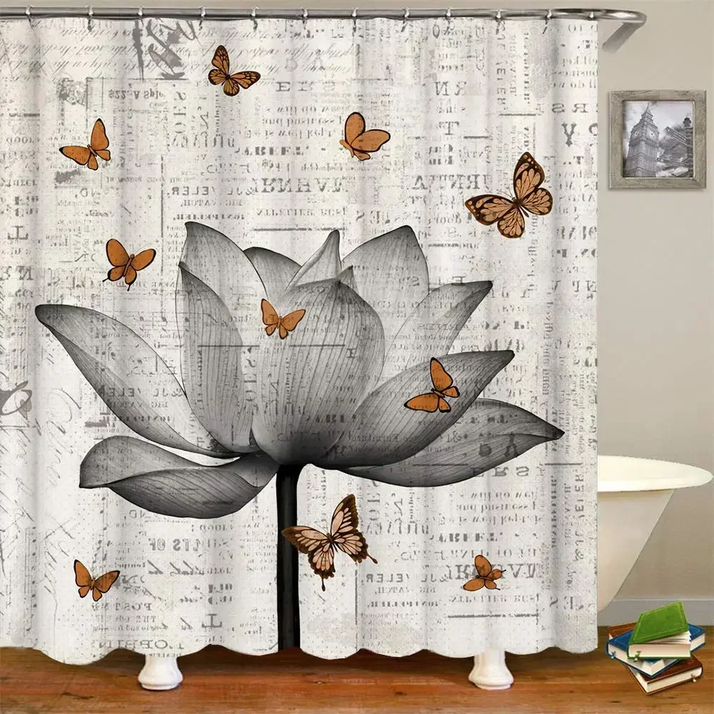 Lotus Shower Curtain Black＆White Flower Magic Elegant Floral on Black Background Modern Simple Unique Art Women Bathroom Curtain