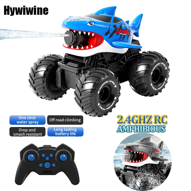 

2.4GHz RC Car Waterproof Shark Amphibious Vehicle with 10m Range Water Gun Auto Water Absorption 150mL Tank Toys for Boys Girls