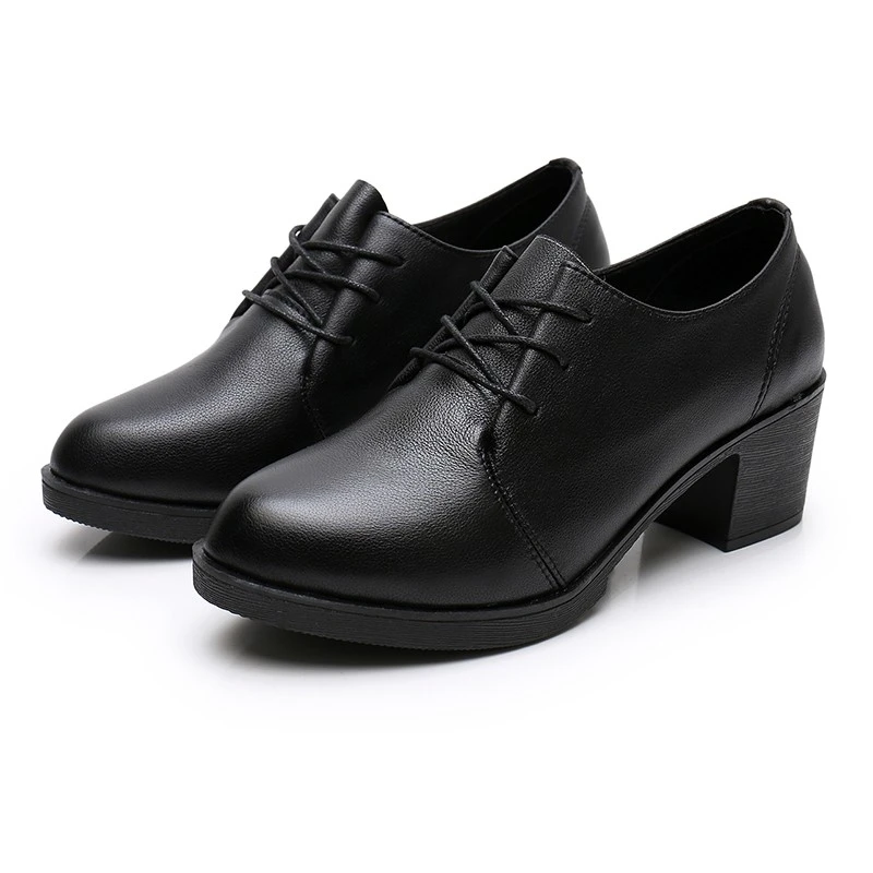 2026 Herbst Britischer Stil Damen Schwarze Oxford-Schuhe Schnürschuhe mit Blockabsatz Elegante Spitze PU-Leder-Schuhe 35-40 – Detail 1