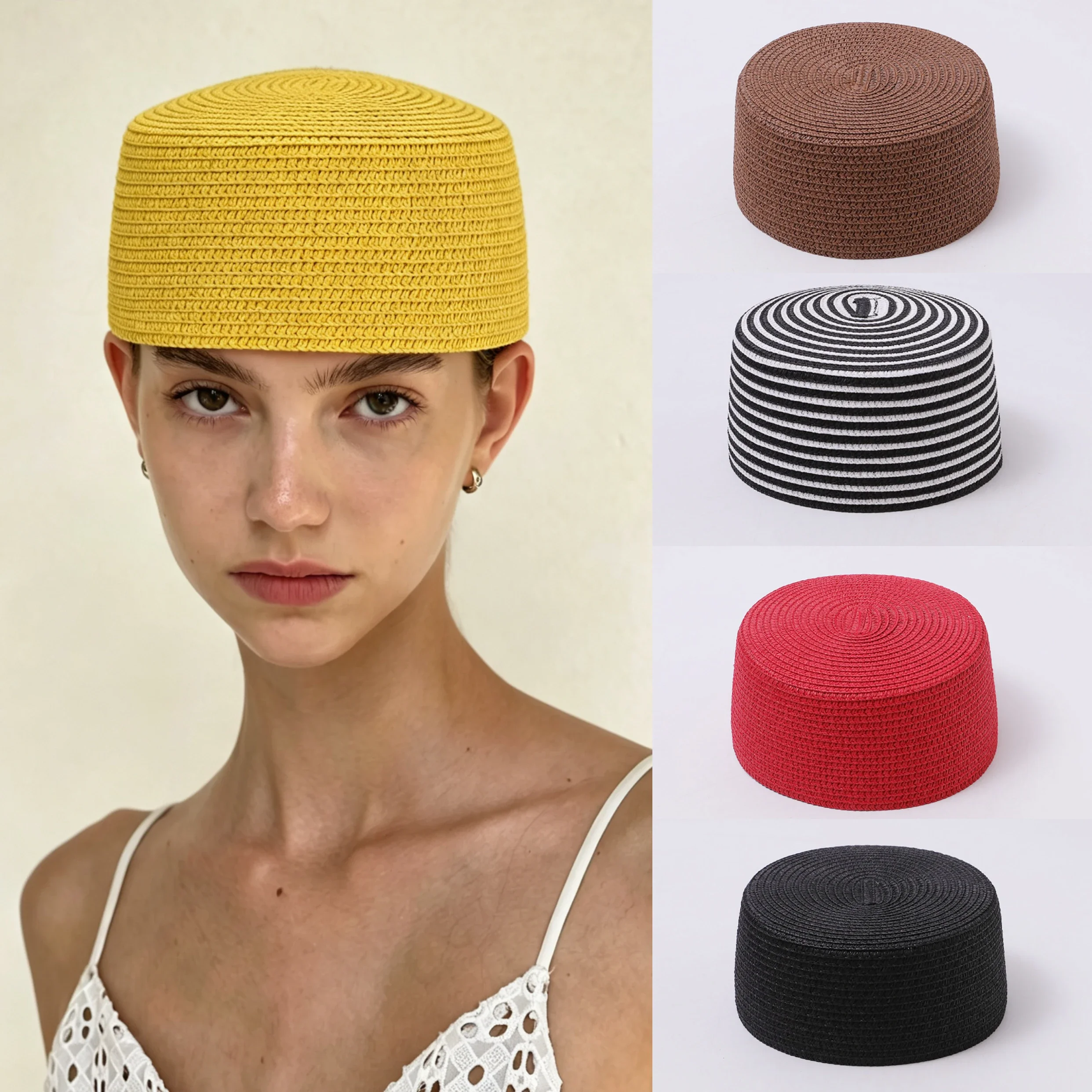 Ins Blogger Yellow Flat Top Pillbox Hat Women Handmade Straw Beanie Summer British Beret Simple Fedora Cap