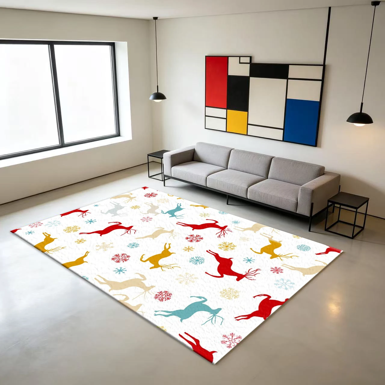Christmas Reindeer Snowflake Holiday Pattern Carpet Floor Decoration Holiday Print Carpet Non-Slip Floor Mat Suitable for Home Christmas Decoration