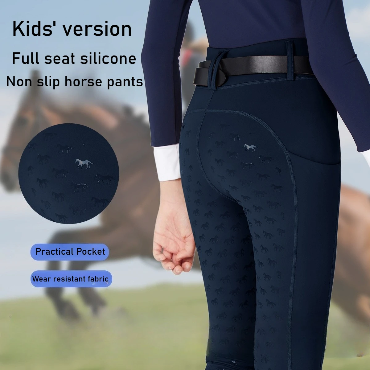 زي مسابقة الفروسية للأطفال بمقعد كامل من السيليكون وحزام مضاد للانزلاق وجيب للفروسية سروال ركوب ضيق عالي الخصر