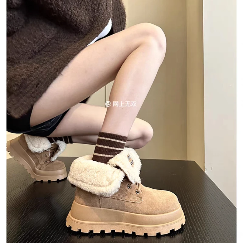 Thick Soled Round Head Lace-up Waterproof Platform with Velvet Warm Fashion All Comfortable Non-slip Breathable Boots for Women