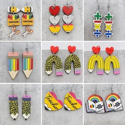 New Teacher Student Earrings Leopard Pencil Personalized Crayon Box Scissors Earrings Teacher Student Books Wood Earrings Gift