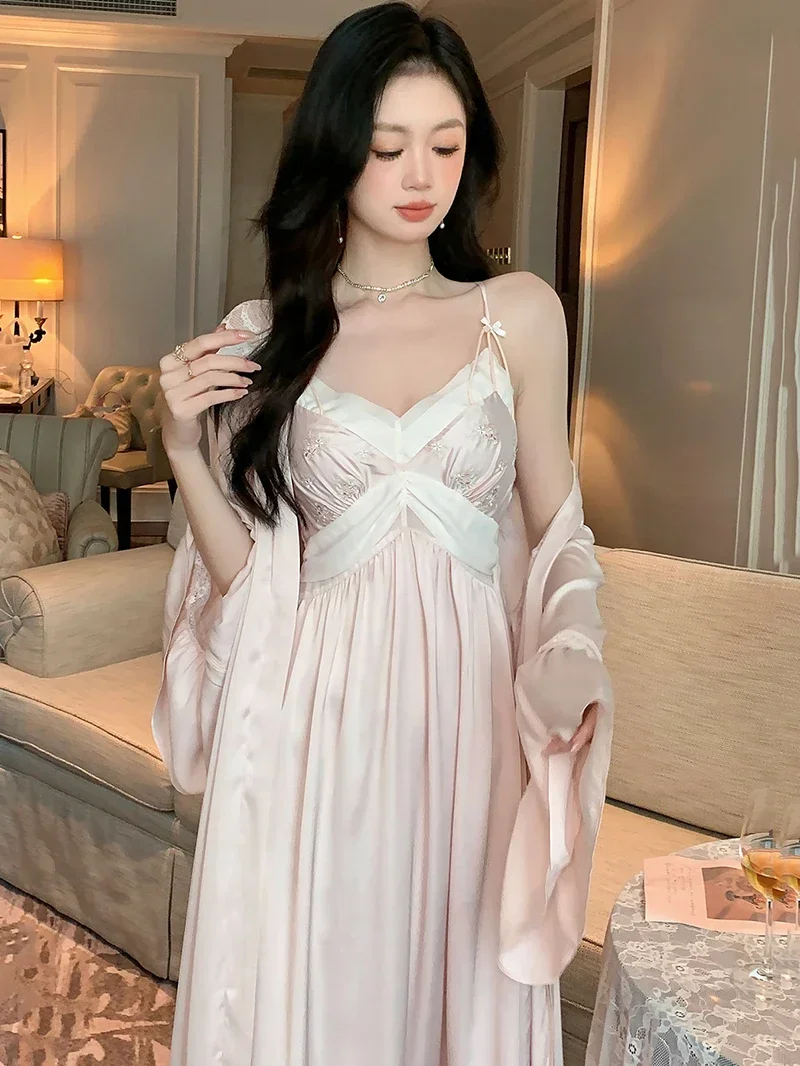 French Silk Pajama Robe Night Dress Women Summer Sexy Strap Dress Two Piece Set Morning Robe Spring Autumn Pajamas Homewear