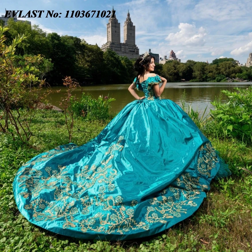 EVLAST-Vestido Quinceanera Glitter, vestido de baile verde, Applique Dourado, Beading Espartilho Camadas, Sweet 16, SQ496, 16