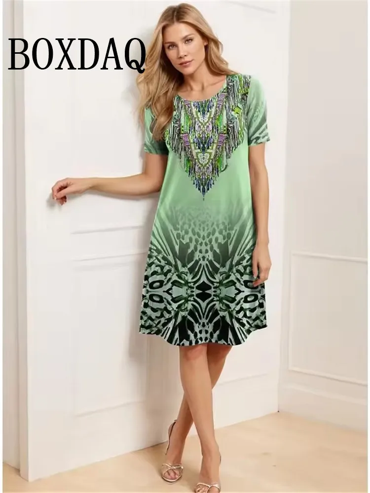 Elegant O Neck Summer Plus Size Dress Women Casual Short Sleeve Loose Party Dress Fashion Pattern Print A-Line Dress Sundress