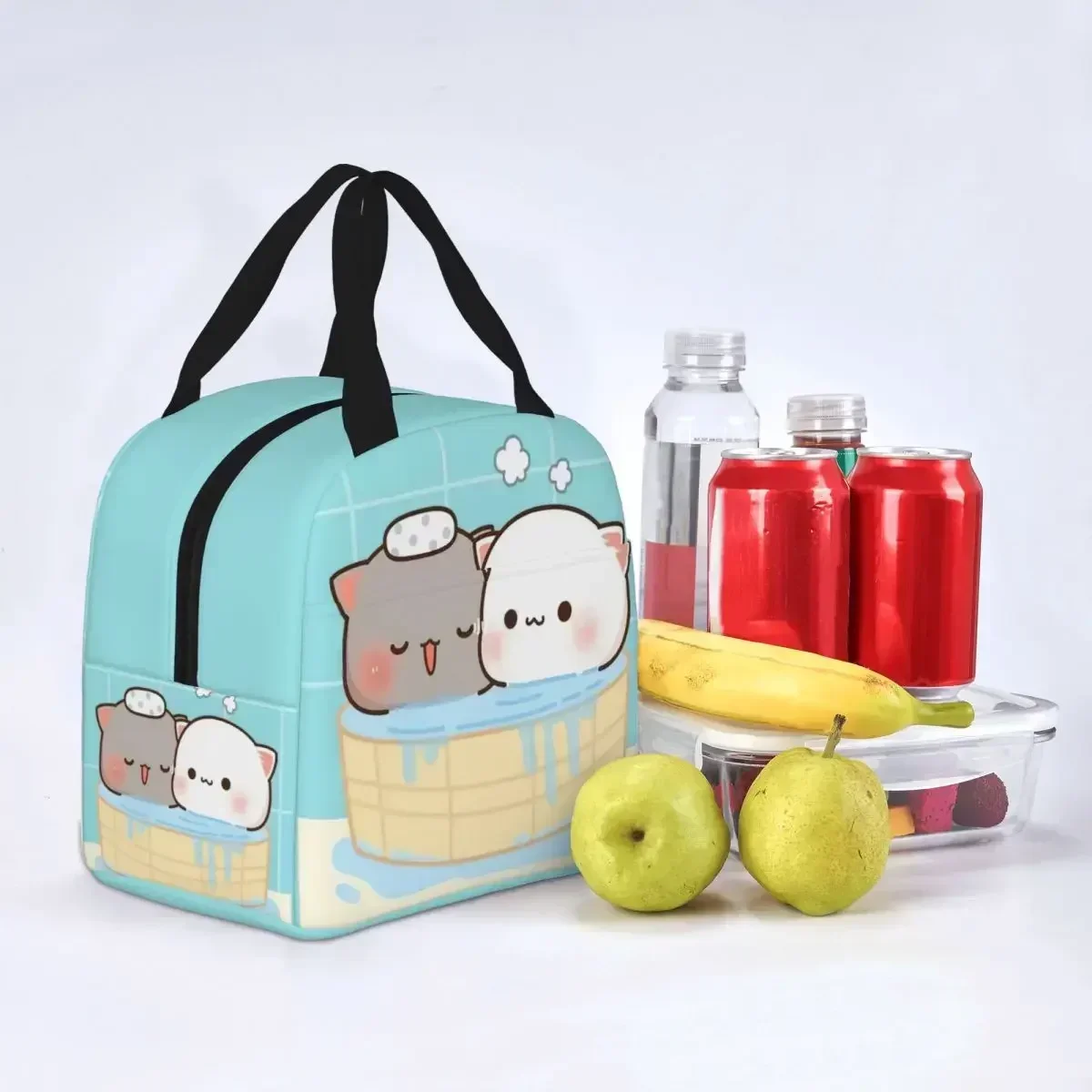 Kawaii Peach And Goma Cartoon Insulated Lunch Bag Thermal Bag Mocha Mochi Peach Cat Leakproof Lunch Box Tote Food Storage Bags