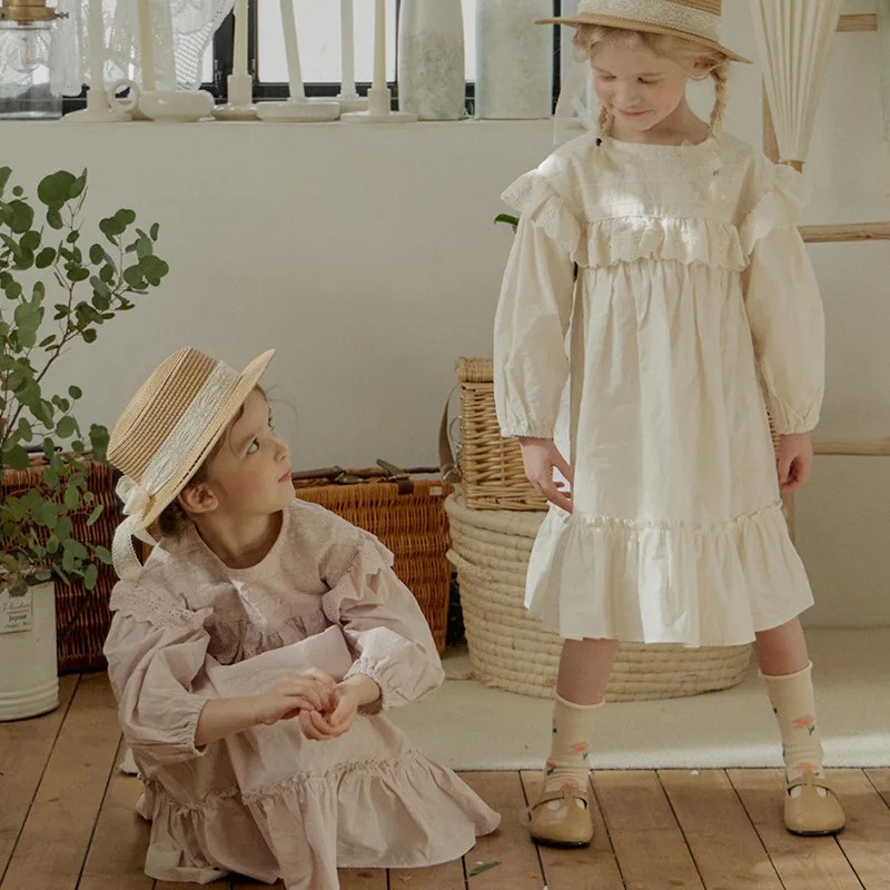 

2025Spring Strawberry Shan Girls' Solid Color French Style Long Cotton Princess Long Sleeve Dress In Stock