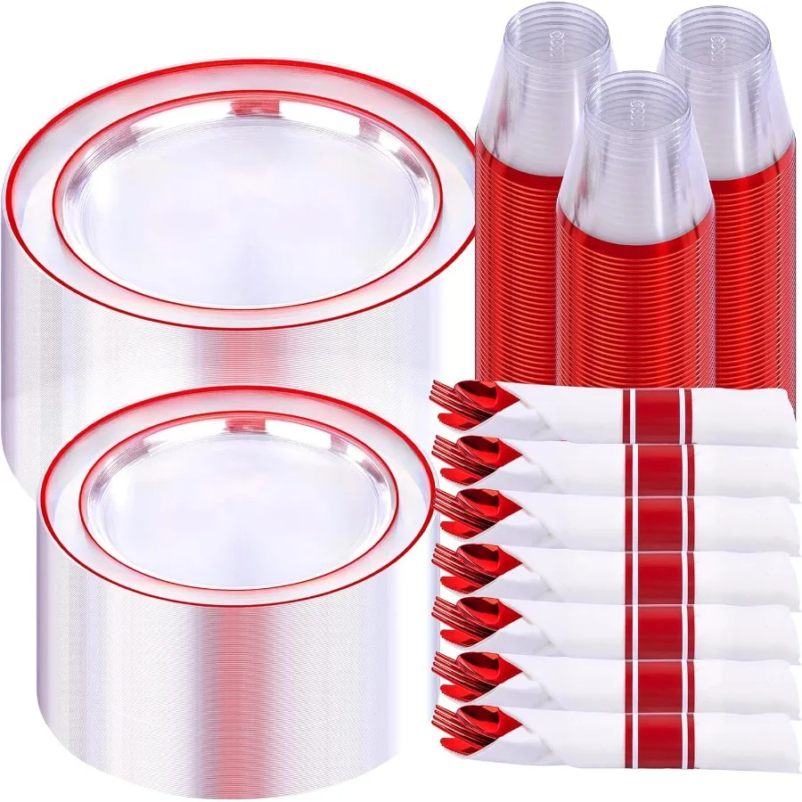 

350 шт. Набор красной пластиковой посуды для 50 гостей включает в себя: 50 обеденных тарелок 50 десертных тарелок 50 чашек по 50 рулонных салфеток с