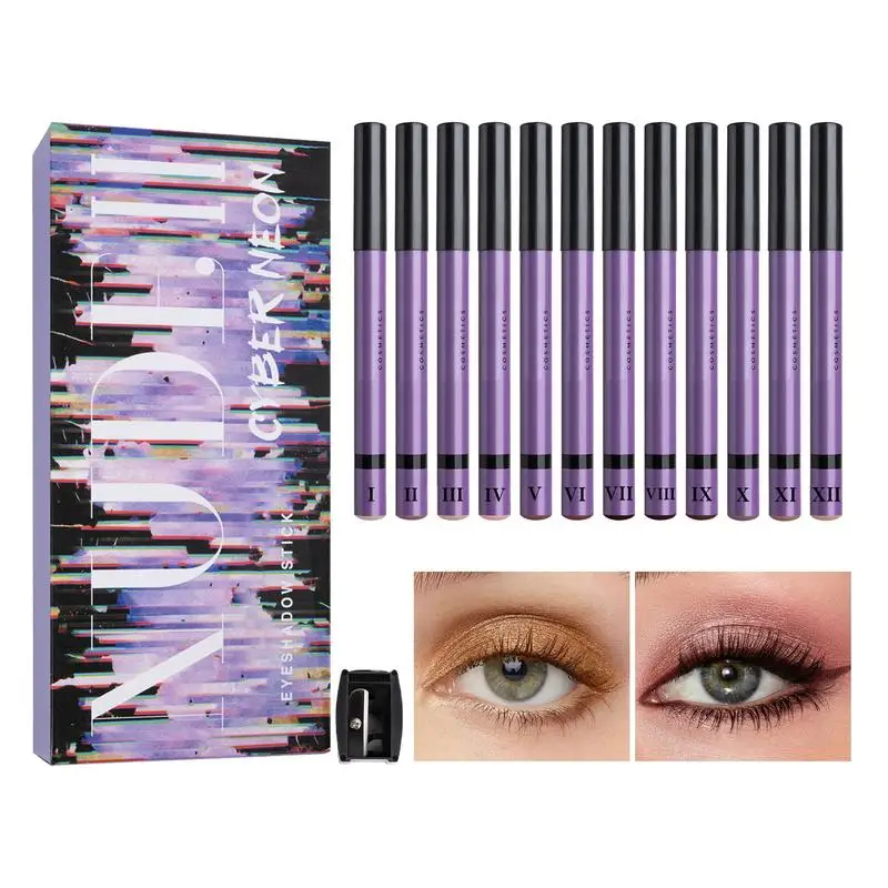 12 สีอายแชโดว์ Brightener Sticks ชุด Shimmer ครีม Highlighter Eye Liner Pearl Eye Liner Kit Glitter สี Eye Liner ปากกา