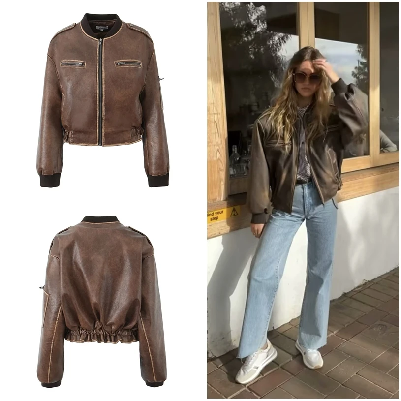 

LIBIELIY Women's Leather Jacket Y2K Vintage Do Old Zipper Epaulets Embellished With Brown Faux Leather Biker Jacket