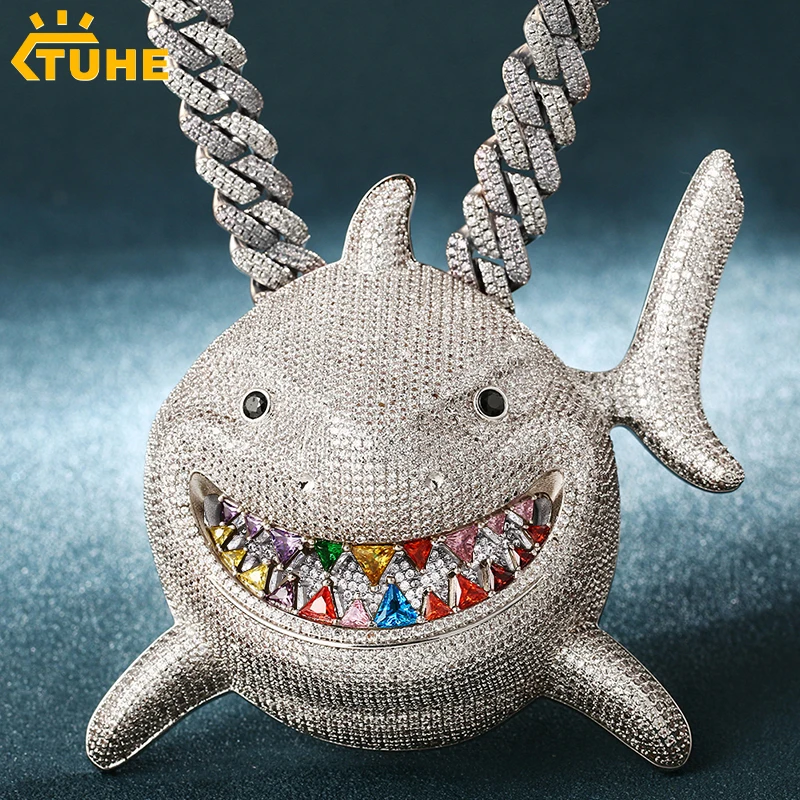 High Quality Color Shark Pendant Necklace For Men Hip Hop Jewelry With 14mm Iced Out Cuban Link Chain Mens Cuban Chain