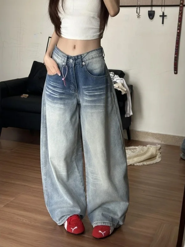 

plus Size American Retro Washed Wide Leg Jeans Loose Fit Floor Length Trousers for Men And Women Casual Straight Cut