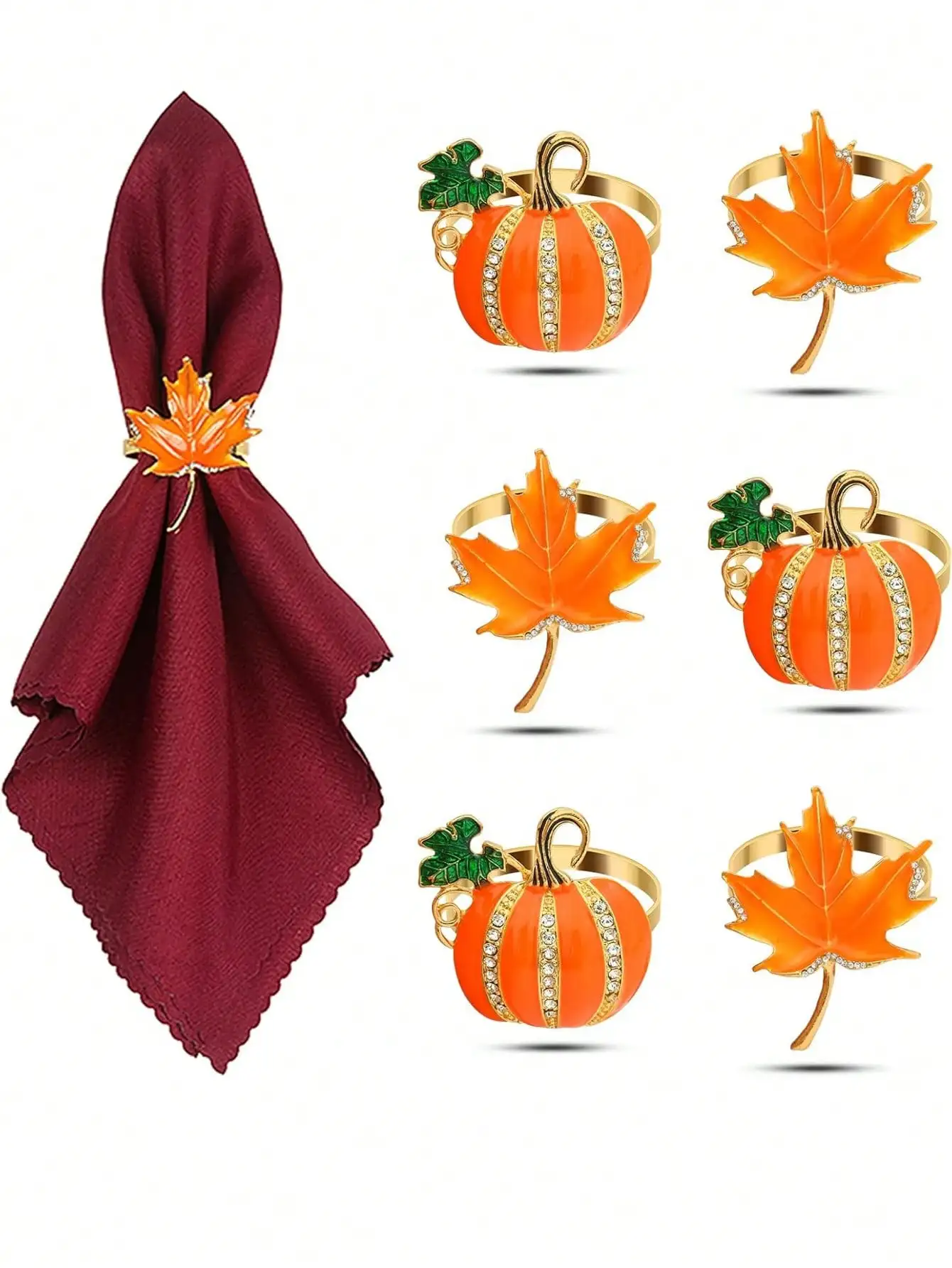 6pcs Autumn Thanksgiving Napkin Rings, Pumpkin & Maple Leaf Napkin Rings, Autumn Harvest Table Decor, Perfect For Family Thanksgiving Dinner, Harvest Theme Party And Home Table Decoration