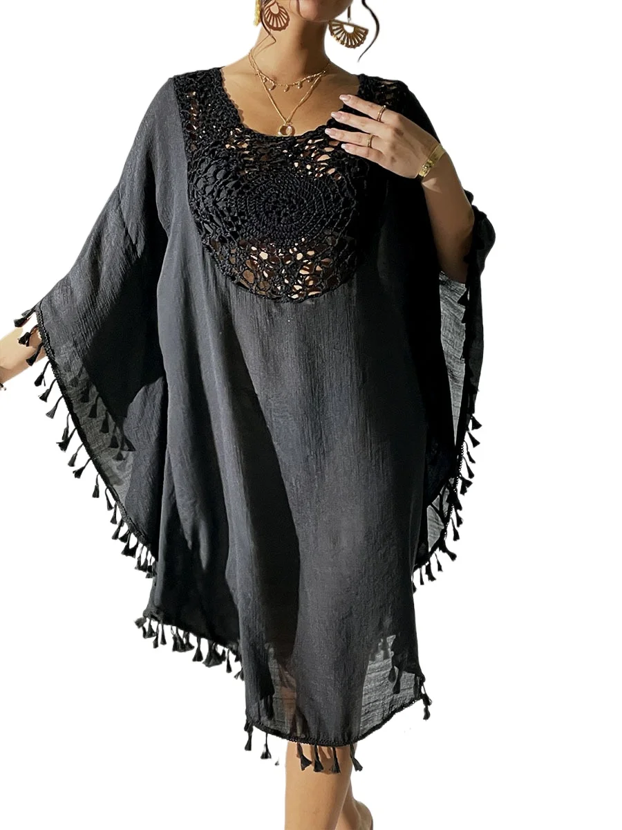 Vestido playero con flecos para mujer, blusa holgada, media manga con cuello redondo, cubierta ligera para traje de baño, vestido informal de verano