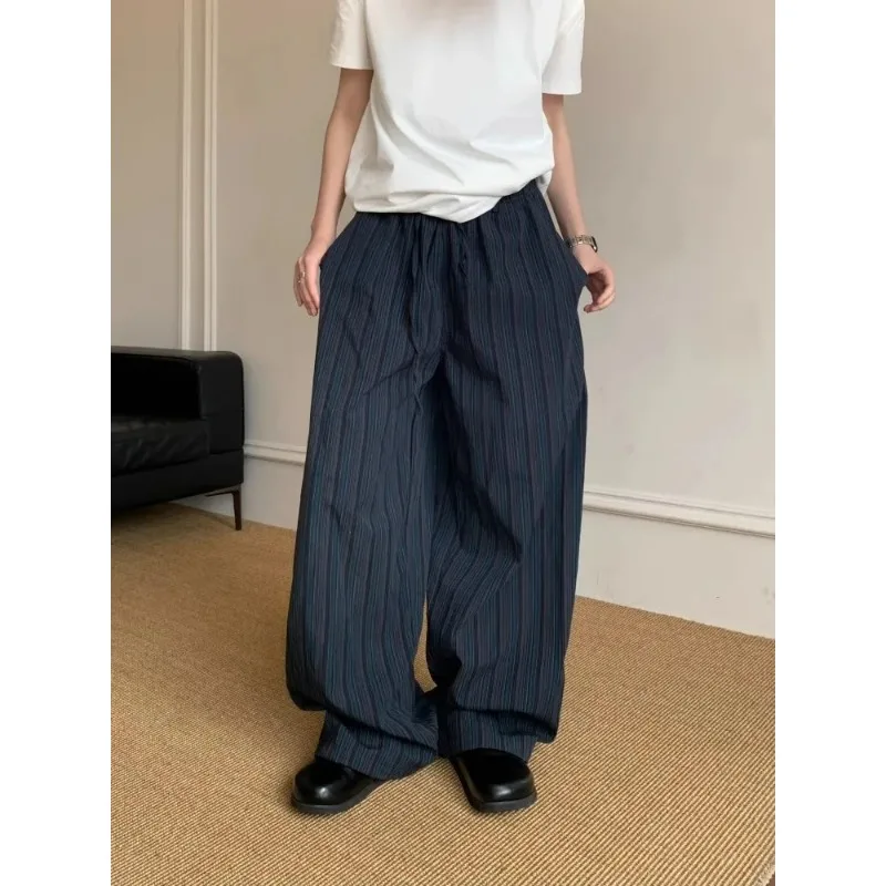 الأمريكية الرجعية كسول Sle بنطال ذو قصة أرجل واسعة الرجال النساء فضفاضة تصميم غير رسمي تحسس الرياضة السراويل الطويلة شفرة القرد خطوط عمودية #5