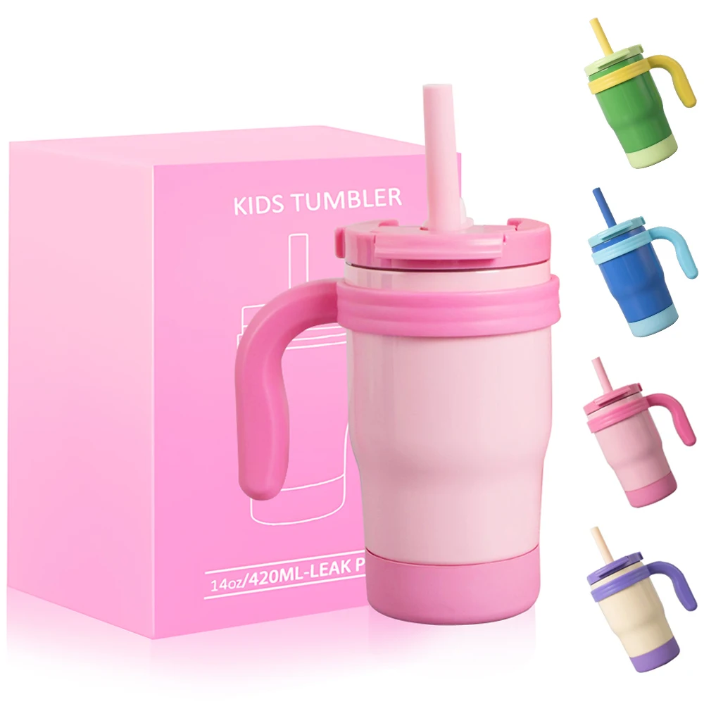 420ML Kids Thermos Bottle Leak Proof Tumbler With Handle Stainless Steel Travel Straw Mug For Toddler Boys Girls Christmas Gifts