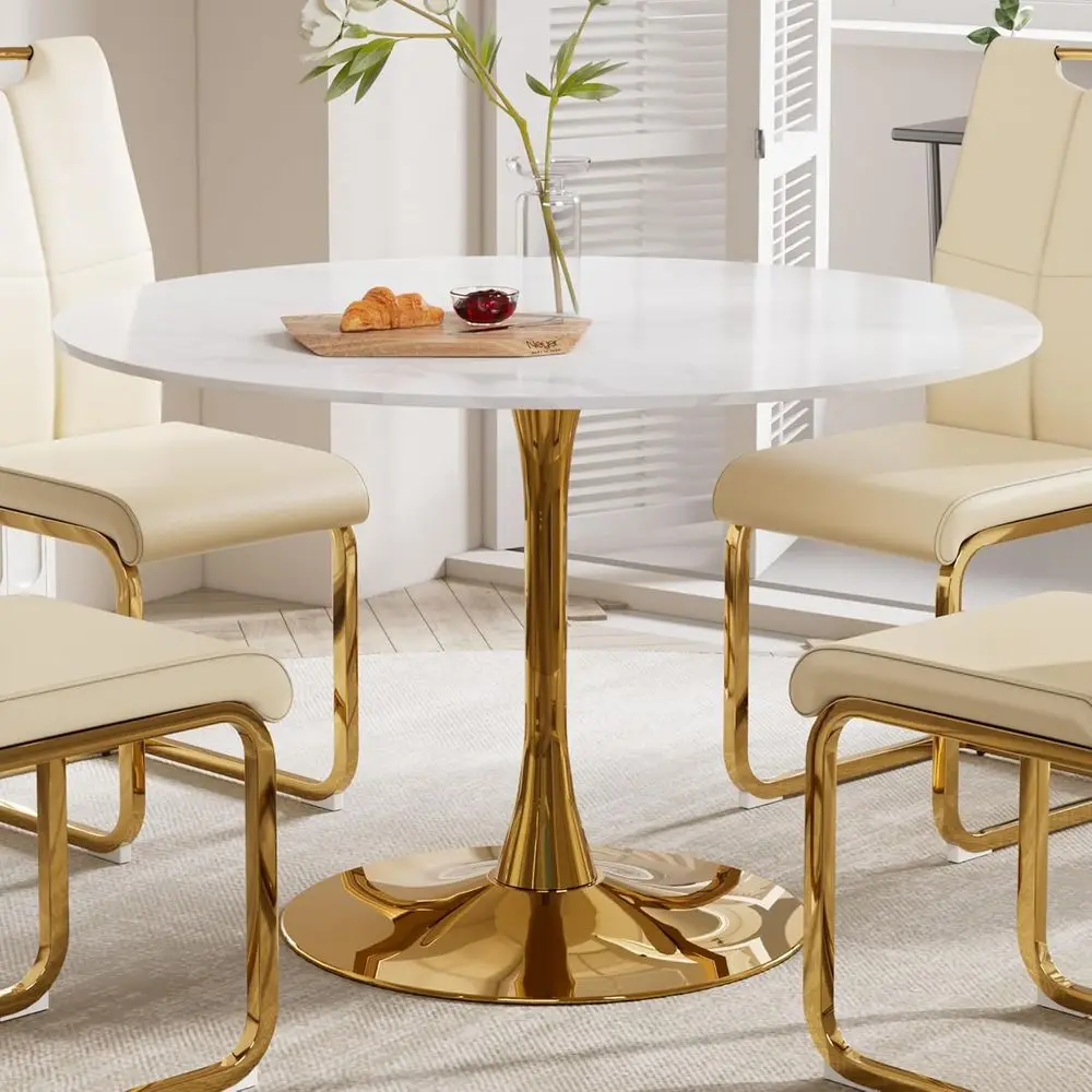 42" Round Tulip Dining Table for 4,Thick White Marble MDF Top & Gold Metal Base, Mid-Century Modern Kitchen Table for Dining Roo