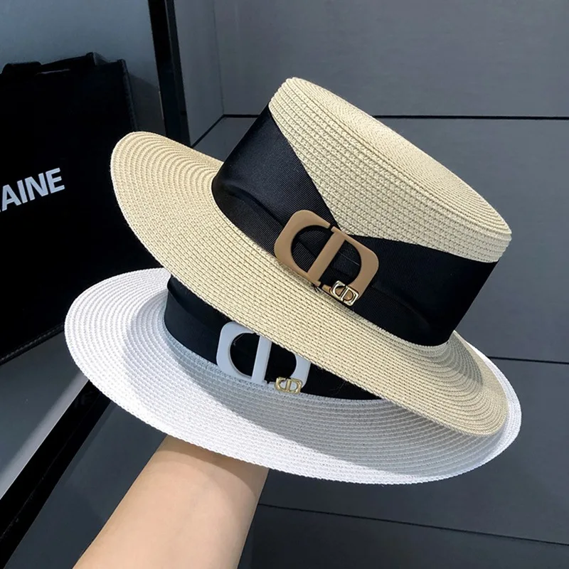 Summer Hats for Women\'s Fashionable and Casual Flat Top Straw Hat Outing Panama Beach Hat Chapeu Panama Feminino