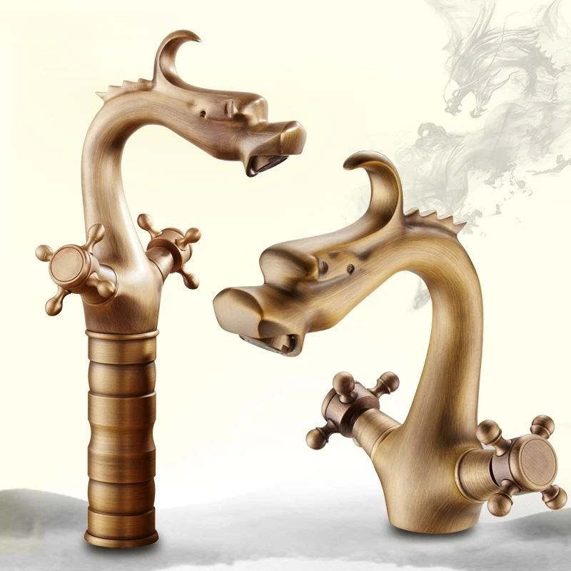 

Antique Dragon-shaped Brass Washbasin Faucet for Home Bathroom Vanity Counter Basin Wash Pool Cold and Hot Water Faucet
